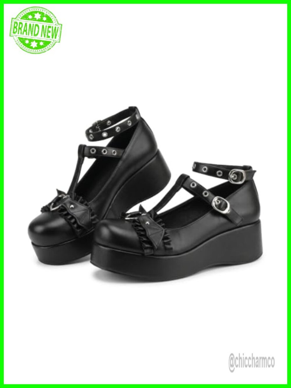 Gothic Lolita Mary Jane Platform Pumps with Heart Buckle, Patent Leather Ankle